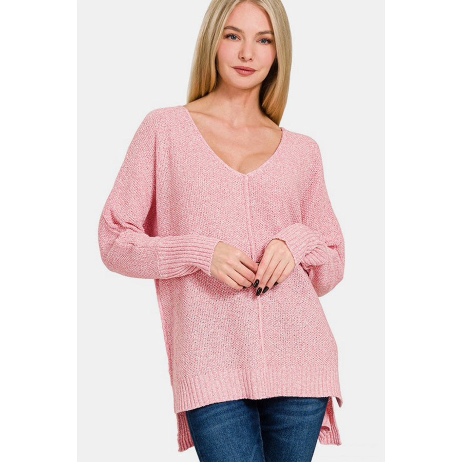 Zenana High-Low Center Seam V-Neck Sweater Apparel and Accessories