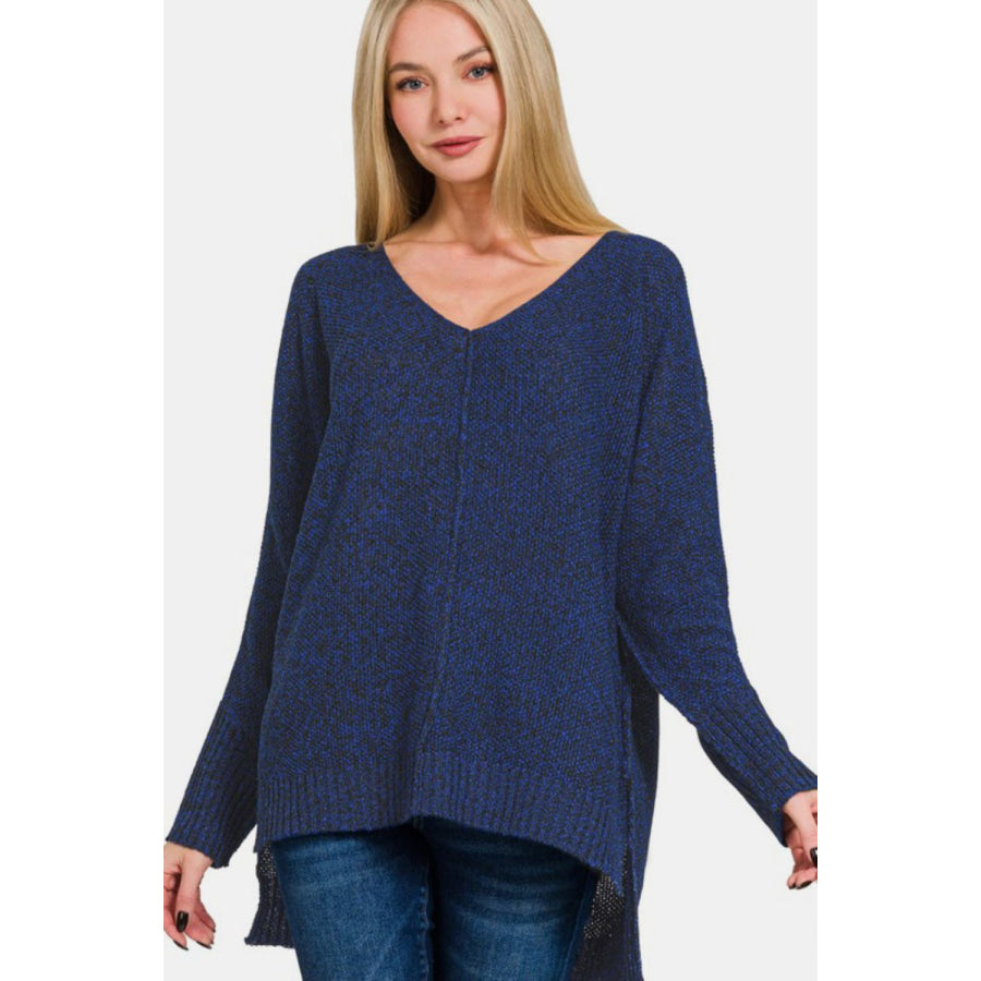 Zenana High-Low Center Seam V-Neck Sweater Dark Navy / S Apparel and Accessories