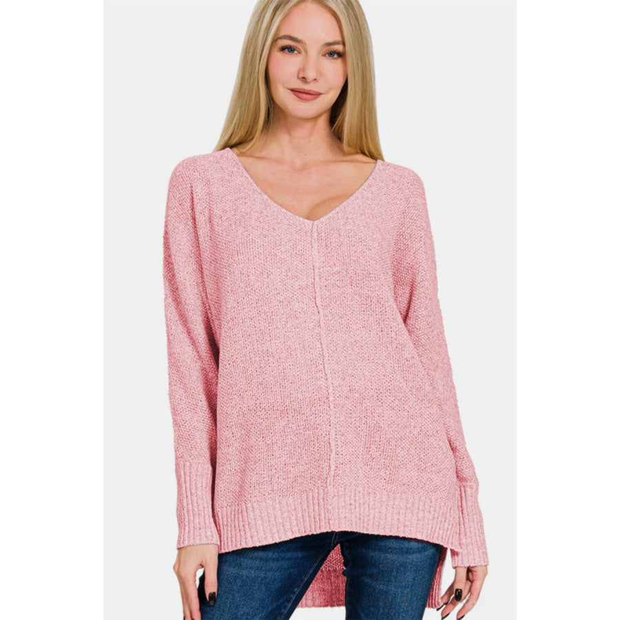 Zenana High-Low Center Seam V-Neck Sweater Dusty Pink / S Apparel and Accessories