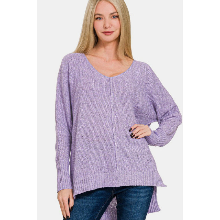 Zenana High-Low Center Seam V-Neck Sweater Lavender / S Apparel and Accessories