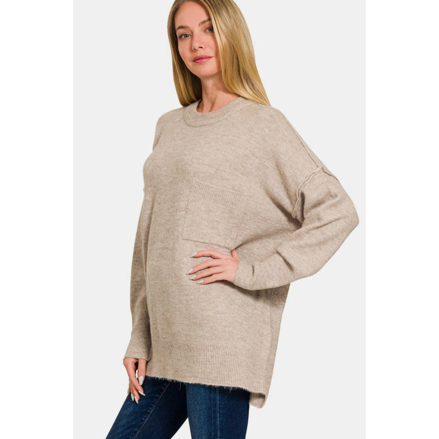 Zenana High-Low Hem Drop Shoulder Sweater Apparel and Accessories