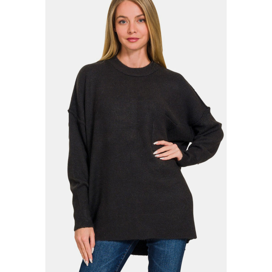 Zenana High-Low Hem Drop Shoulder Sweater Apparel and Accessories