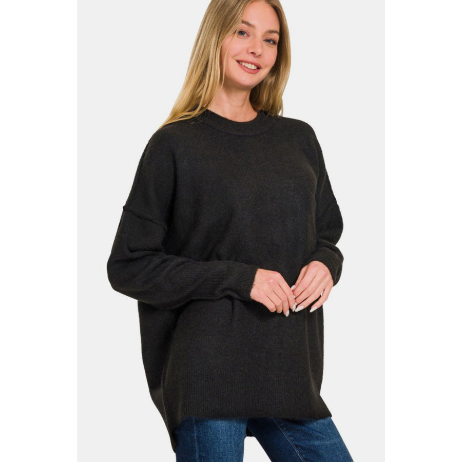 Zenana High-Low Hem Drop Shoulder Sweater Black / S/M Apparel and Accessories