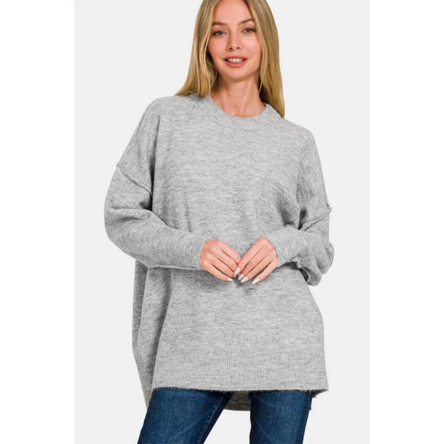 Zenana High-Low Hem Drop Shoulder Sweater Grey / S/M Apparel and Accessories