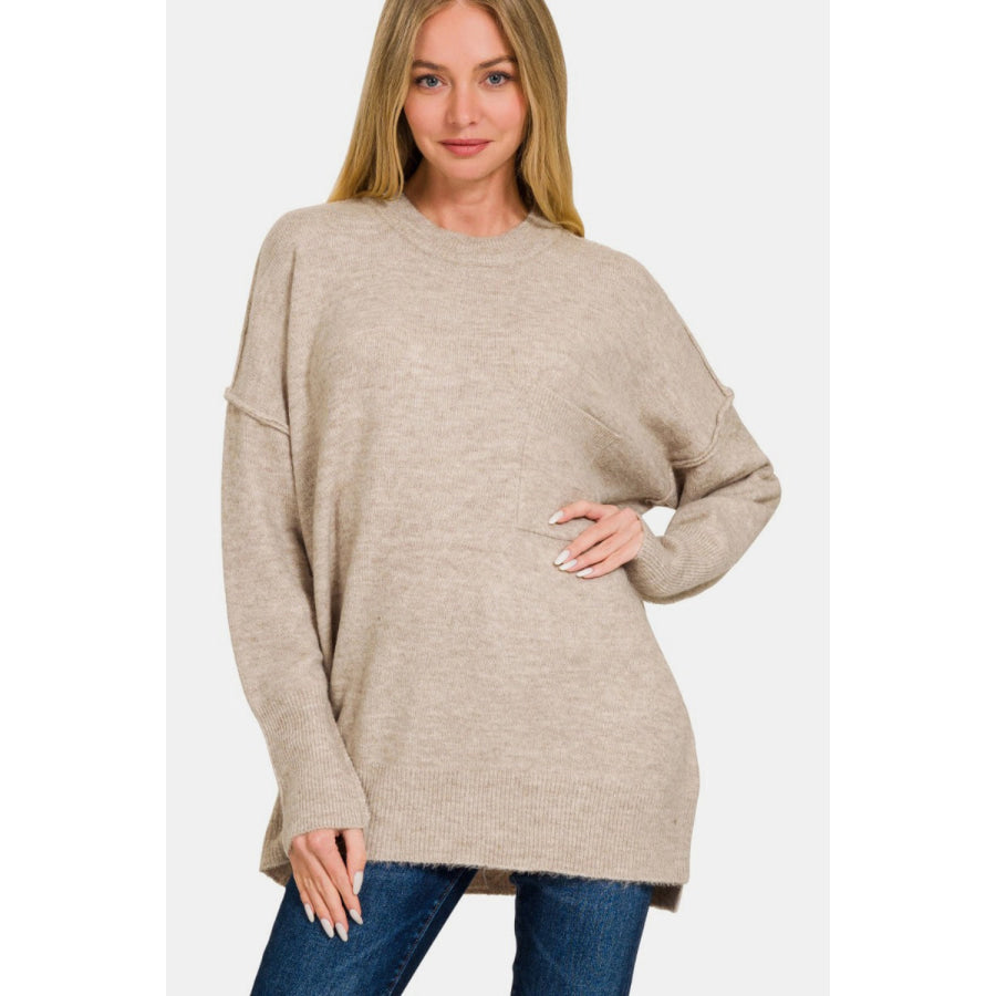 Zenana High-Low Hem Drop Shoulder Sweater H Mocha / S/M Apparel and Accessories