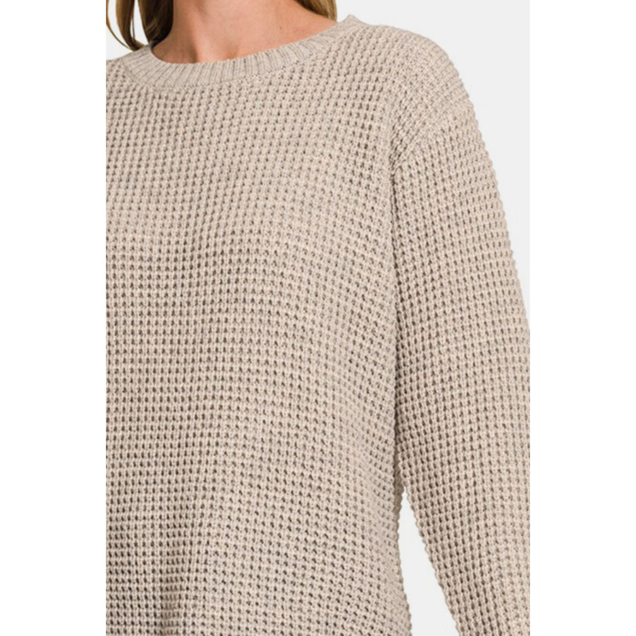 Zenana High Low Long Sleeve Waffle Sweater Apparel and Accessories