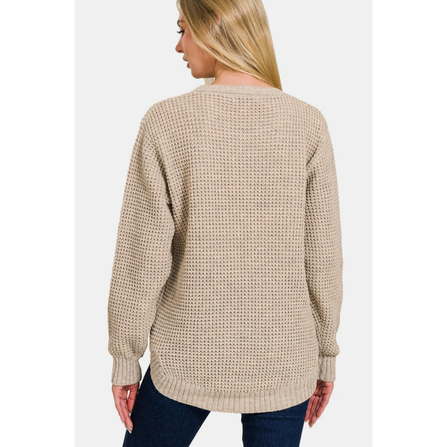 Zenana High Low Long Sleeve Waffle Sweater Apparel and Accessories