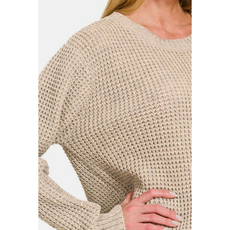 Zenana High Low Long Sleeve Waffle Sweater Apparel and Accessories