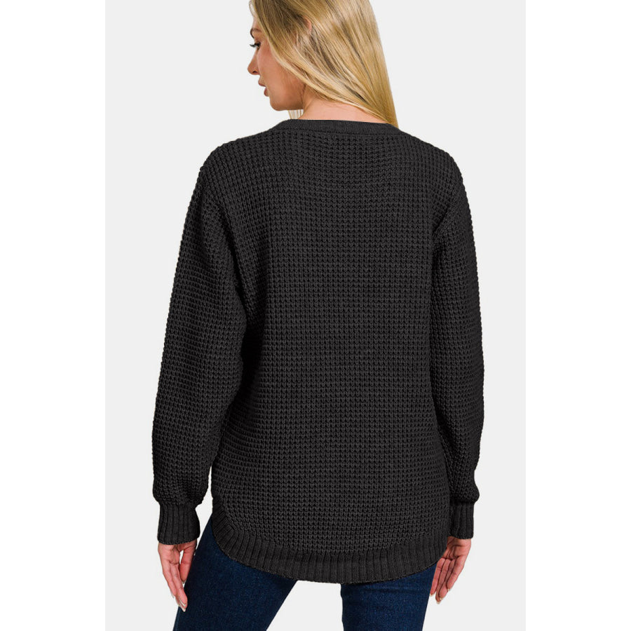Zenana High Low Long Sleeve Waffle Sweater Black / S Apparel and Accessories