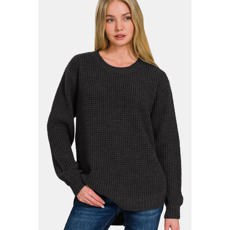 Zenana High Low Long Sleeve Waffle Sweater Apparel and Accessories