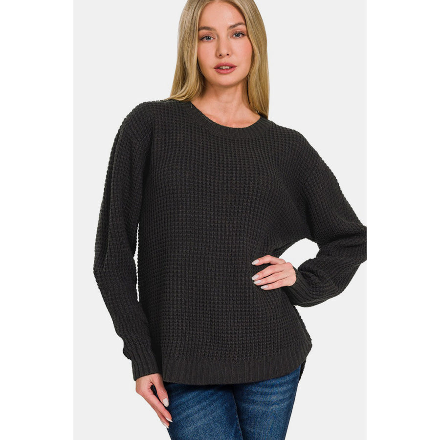 Zenana High Low Long Sleeve Waffle Sweater Black / S Apparel and Accessories