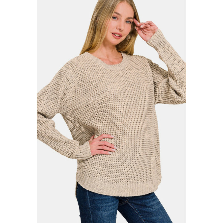 Zenana High Low Long Sleeve Waffle Sweater H Beige / S Apparel and Accessories