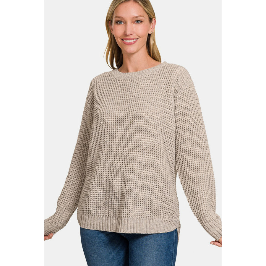 Zenana High Low Long Sleeve Waffle Sweater H Mocha / S Apparel and Accessories