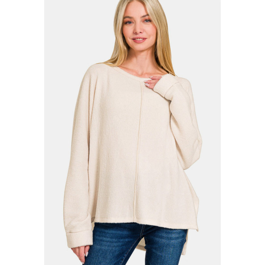 Zenana High-Low Side Slit Round Neck T-Shirt Sand Beige / S/M Apparel and Accessories