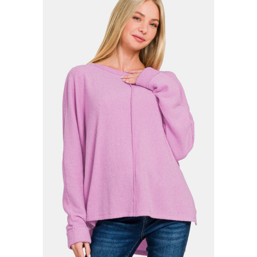 Zenana High-Low Side Slit Round Neck T-Shirt Mauve / S/M Apparel and Accessories