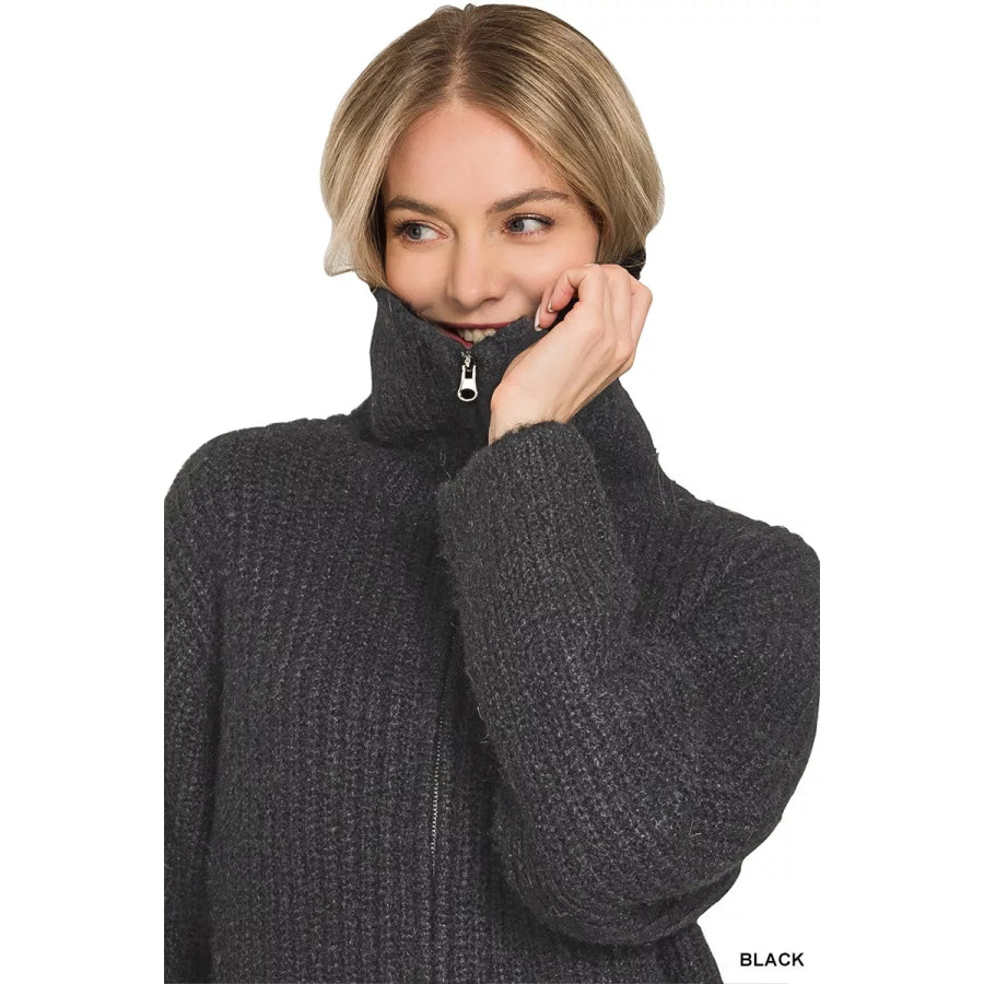 Zenana High Neck Full Zip Sweater Cardigan Apparel and Accessories