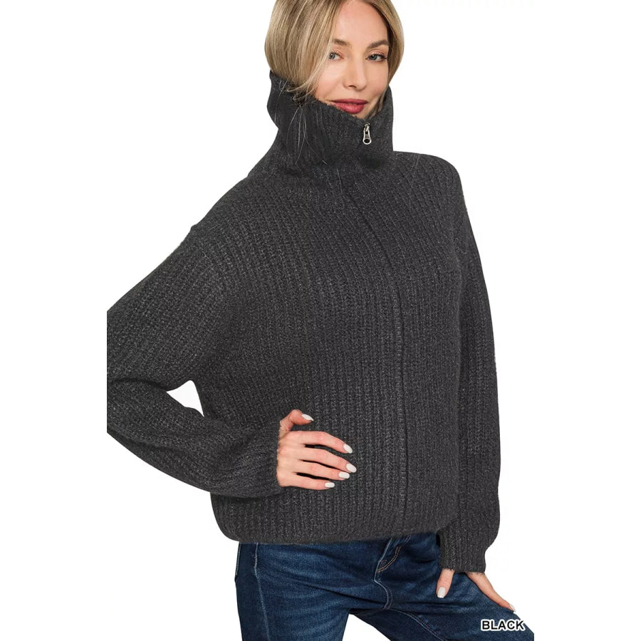 Zenana High Neck Full Zip Sweater Cardigan Apparel and Accessories