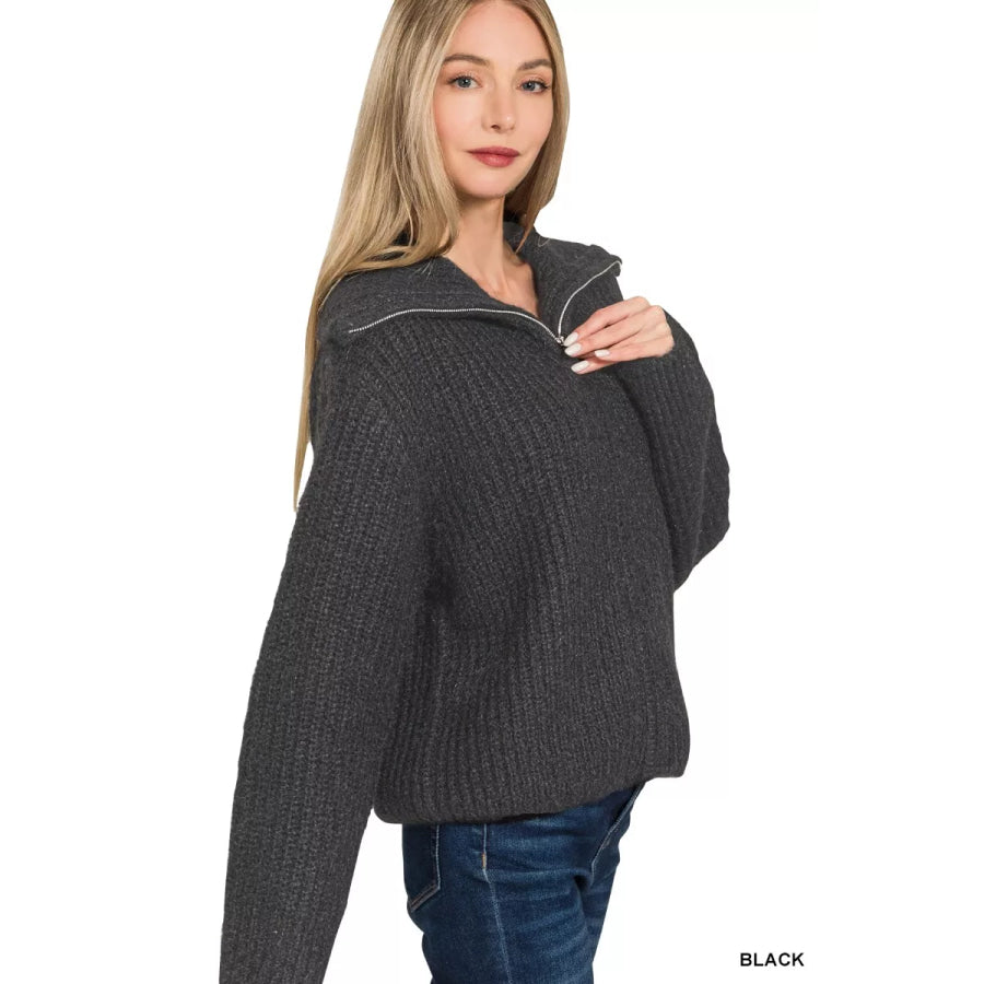 Zenana High Neck Full Zip Sweater Cardigan Apparel and Accessories