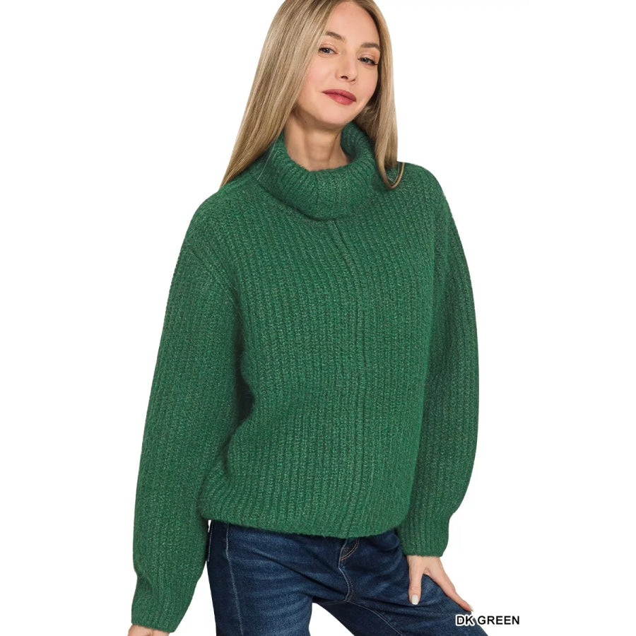 Zenana High Neck Full Zip Sweater Cardigan DK GREEN / S Apparel and Accessories