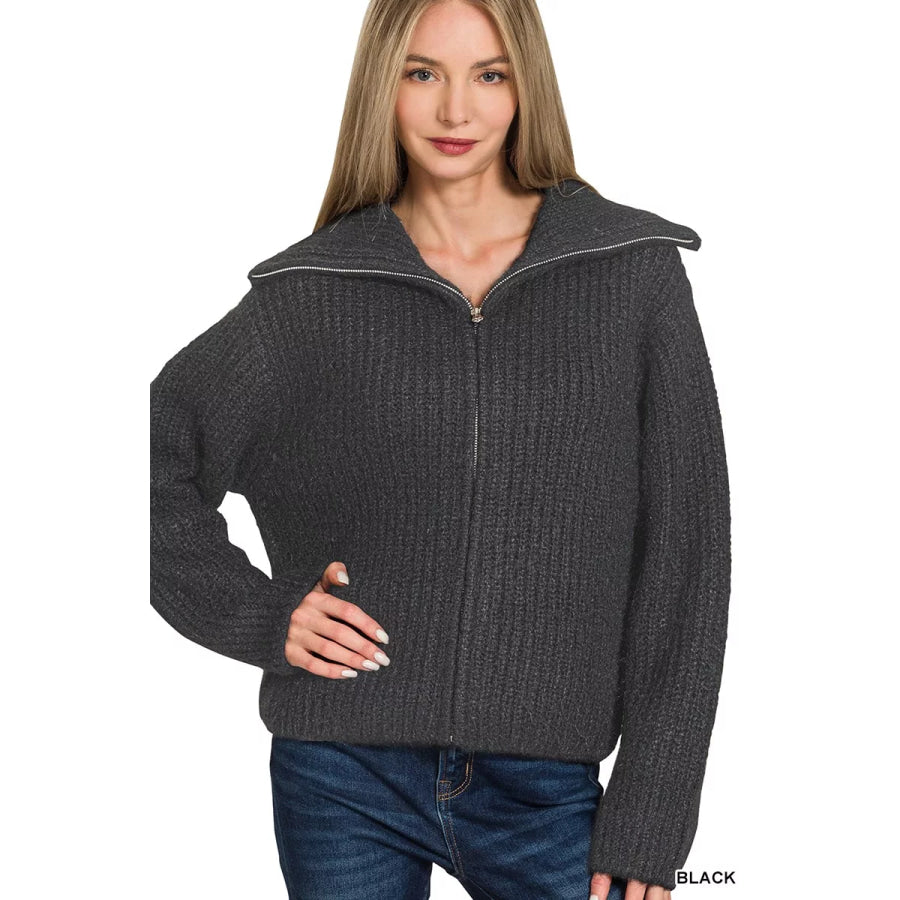 Zenana High Neck Full Zip Sweater Cardigan BLACK / S Apparel and Accessories