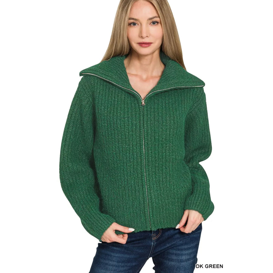Zenana High Neck Full Zip Sweater Cardigan DK GREEN / S Apparel and Accessories