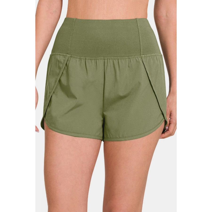 Zenana High-Waisted Zippered Back Pocket Active Shorts Lt Olive / S Apparel and Accessories