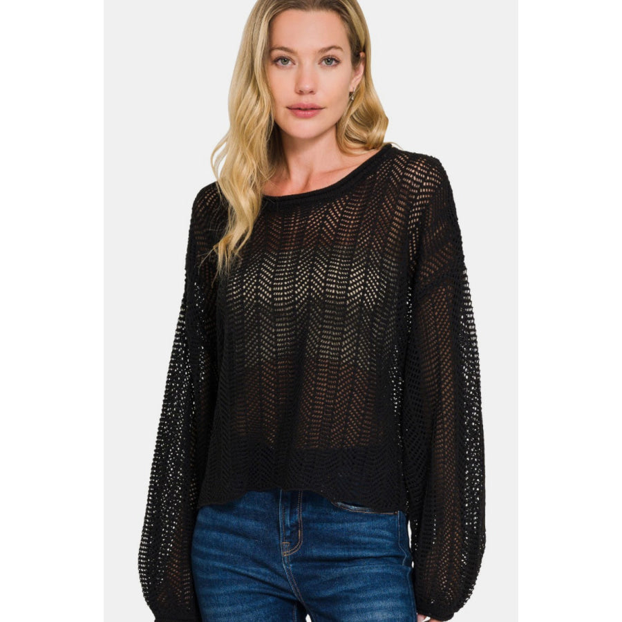 Zenana Hollow Out Long Sleeve Knit Cover Up Apparel and Accessories