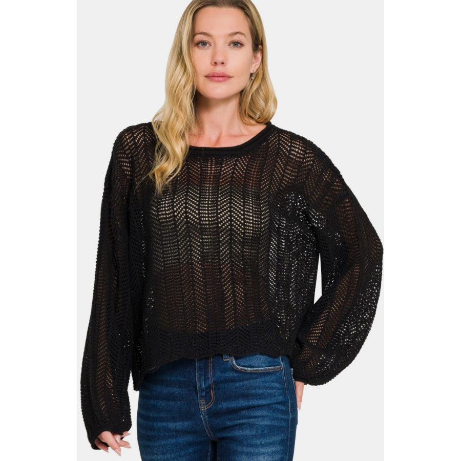 Zenana Hollow Out Long Sleeve Knit Cover Up Black / S Apparel and Accessories