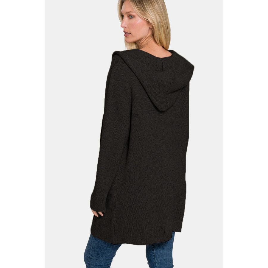 Zenana Hooded Open Front Sweater Cardigan Apparel and Accessories