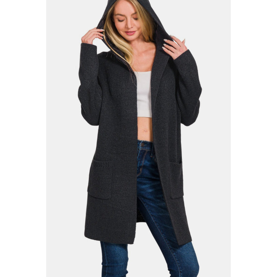 Zenana Hooded Open Front Sweater Cardigan Apparel and Accessories