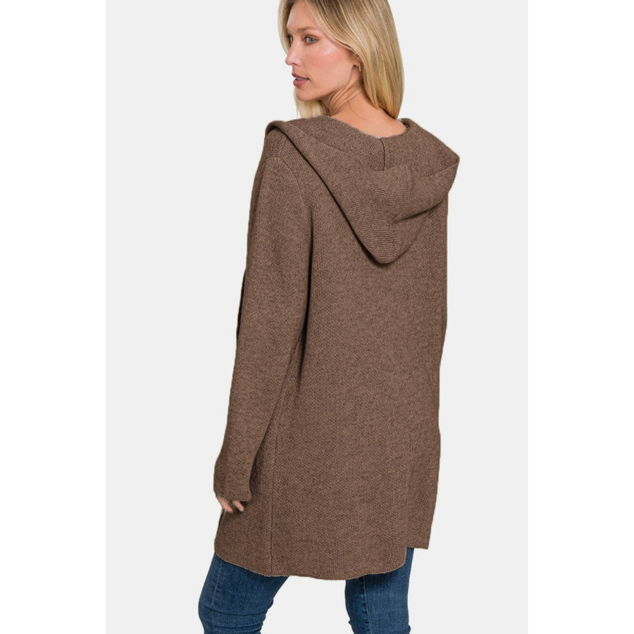 Zenana Hooded Open Front Sweater Cardigan Apparel and Accessories