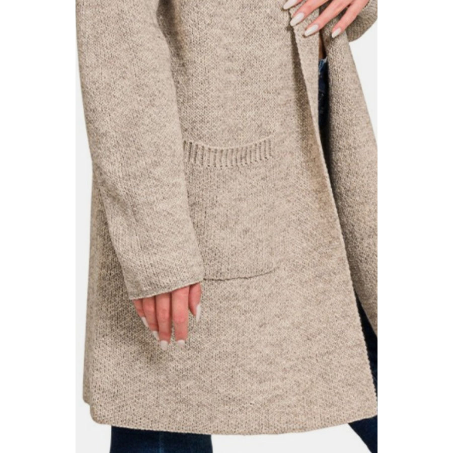 Zenana Hooded Open Front Sweater Cardigan Apparel and Accessories