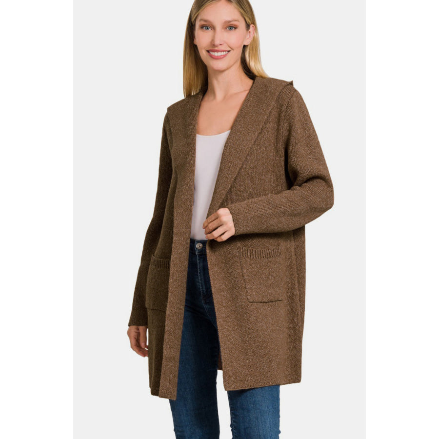 Zenana Hooded Open Front Sweater Cardigan Apparel and Accessories