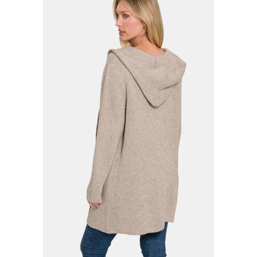 Zenana Hooded Open Front Sweater Cardigan Apparel and Accessories