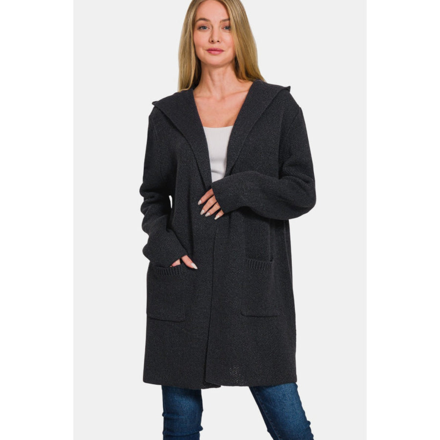 Zenana Hooded Open Front Sweater Cardigan Black / S Apparel and Accessories