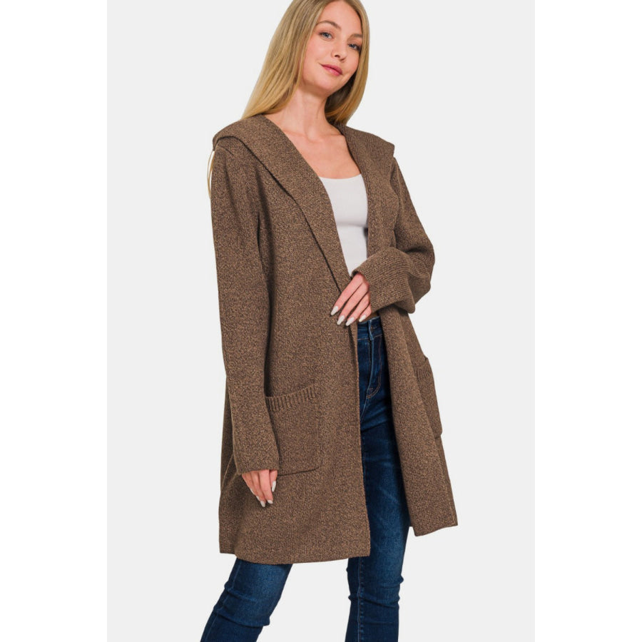 Zenana Hooded Open Front Sweater Cardigan Brown / S Apparel and Accessories