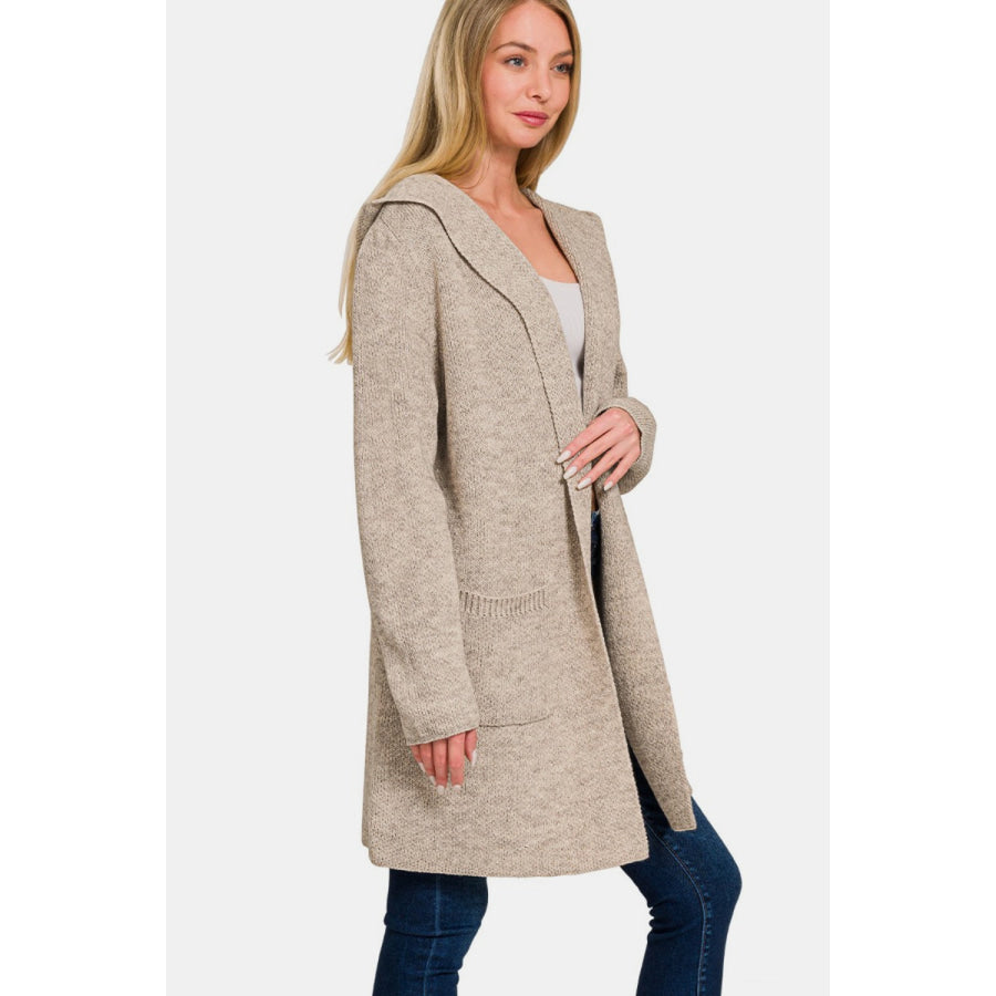 Zenana Hooded Open Front Sweater Cardigan H Mocha / S Apparel and Accessories