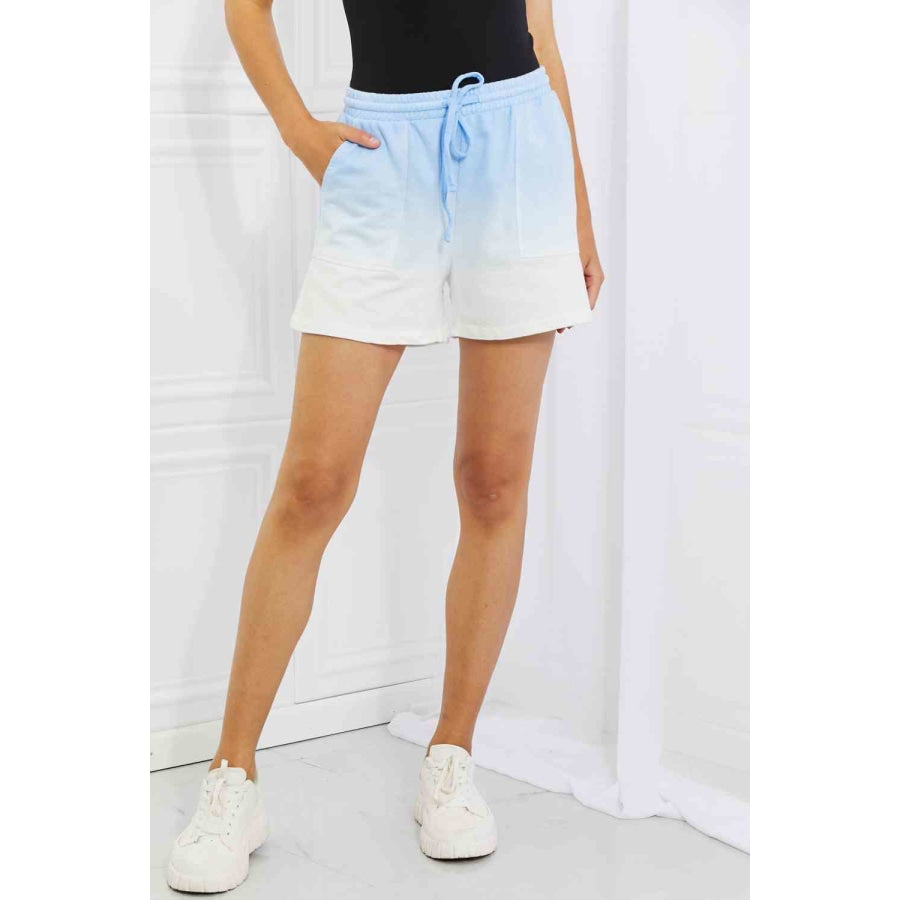 Zenana In The Zone Full Size Dip Dye High Waisted Shorts in Blue Misty Blue / S Clothing