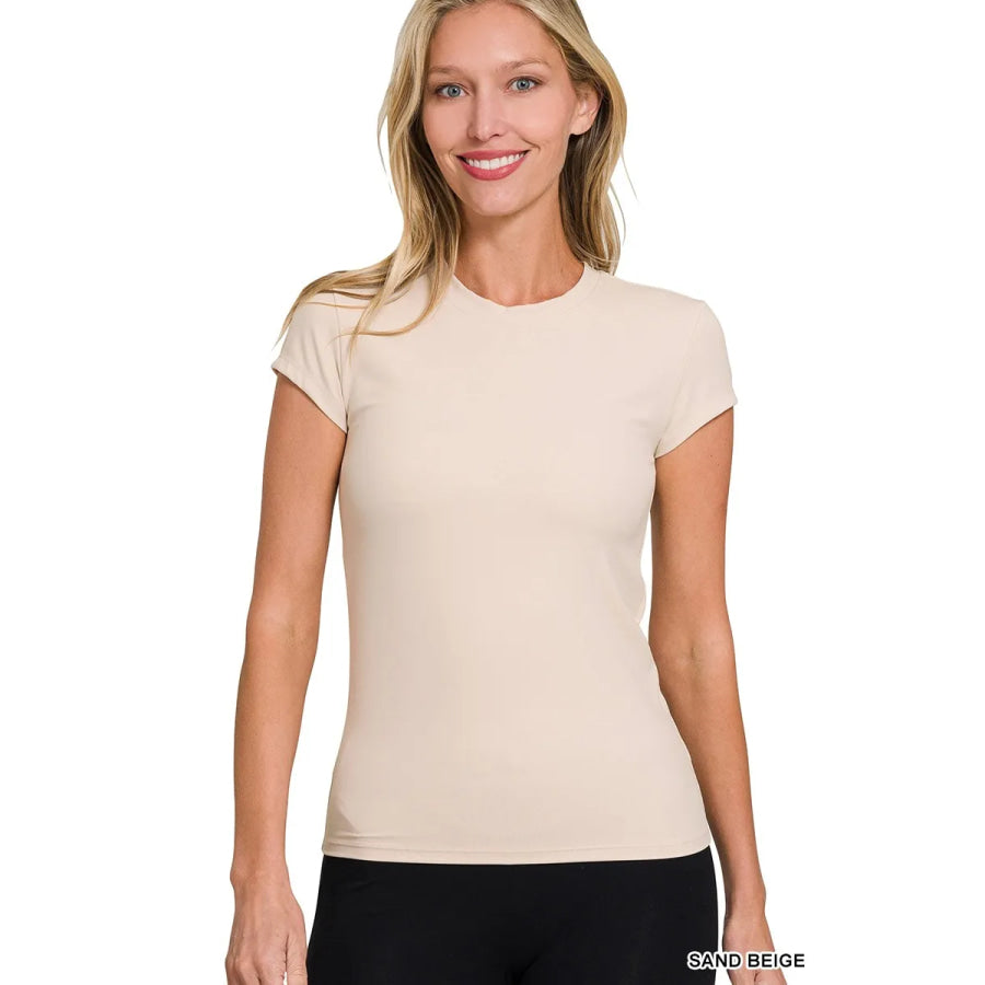 Zenana Interlock Short Sleeve Top SAND BEIGE / S Apparel and Accessories