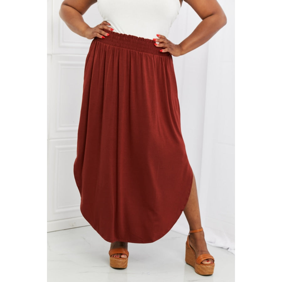 Zenana It’s My Time Full Size Side Scoop Scrunch Skirt in Dark Rust