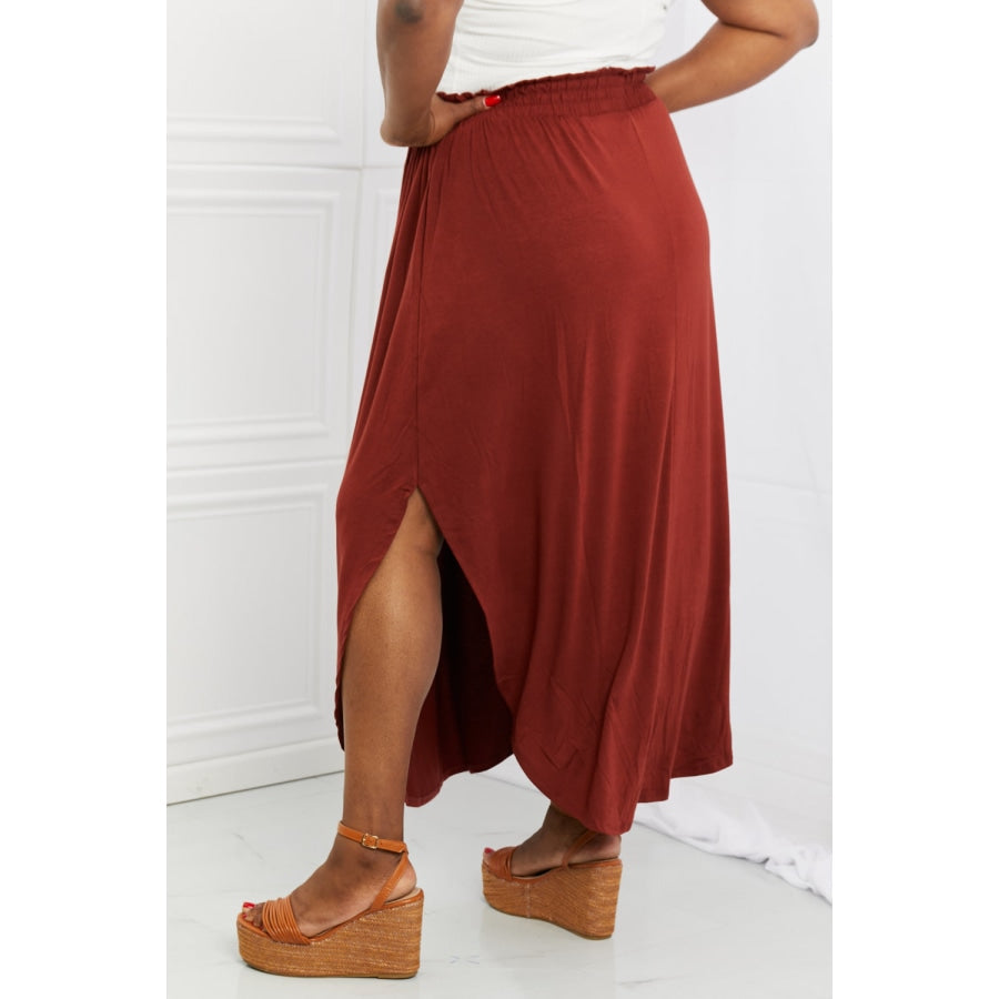 Zenana It’s My Time Full Size Side Scoop Scrunch Skirt in Dark Rust