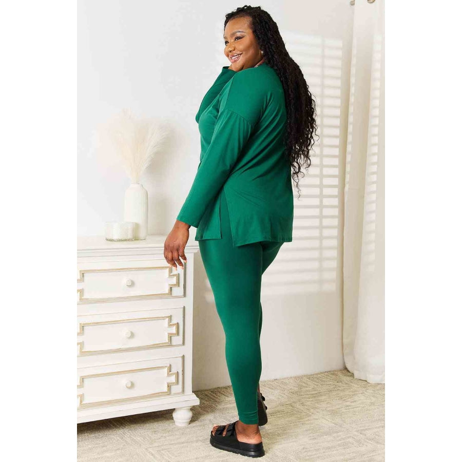 Zenana Lazy Days Full Size Long Sleeve Top and Leggings Set Dark Green / S Clothing