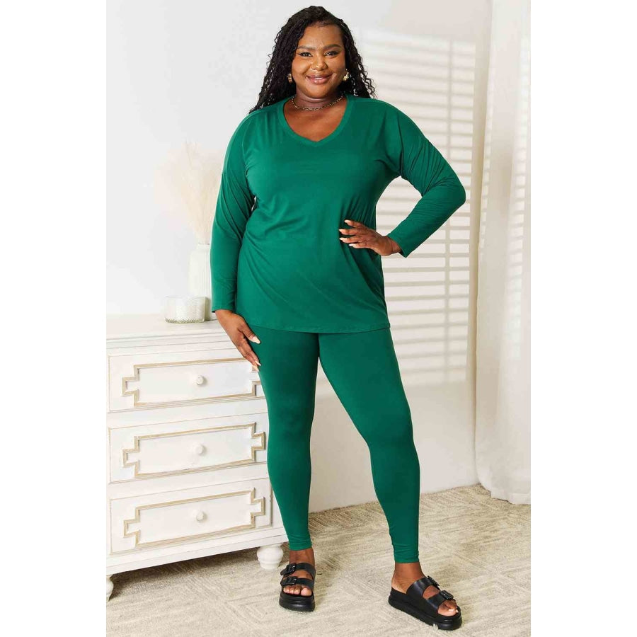 Zenana Lazy Days Full Size Long Sleeve Top and Leggings Set Dark Green / S Clothing