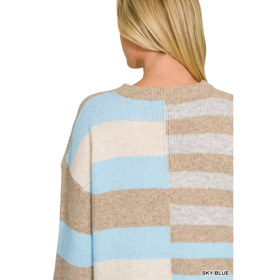 Zenana Lightweight Wool Blend Color Block Sweater Apparel and Accessories