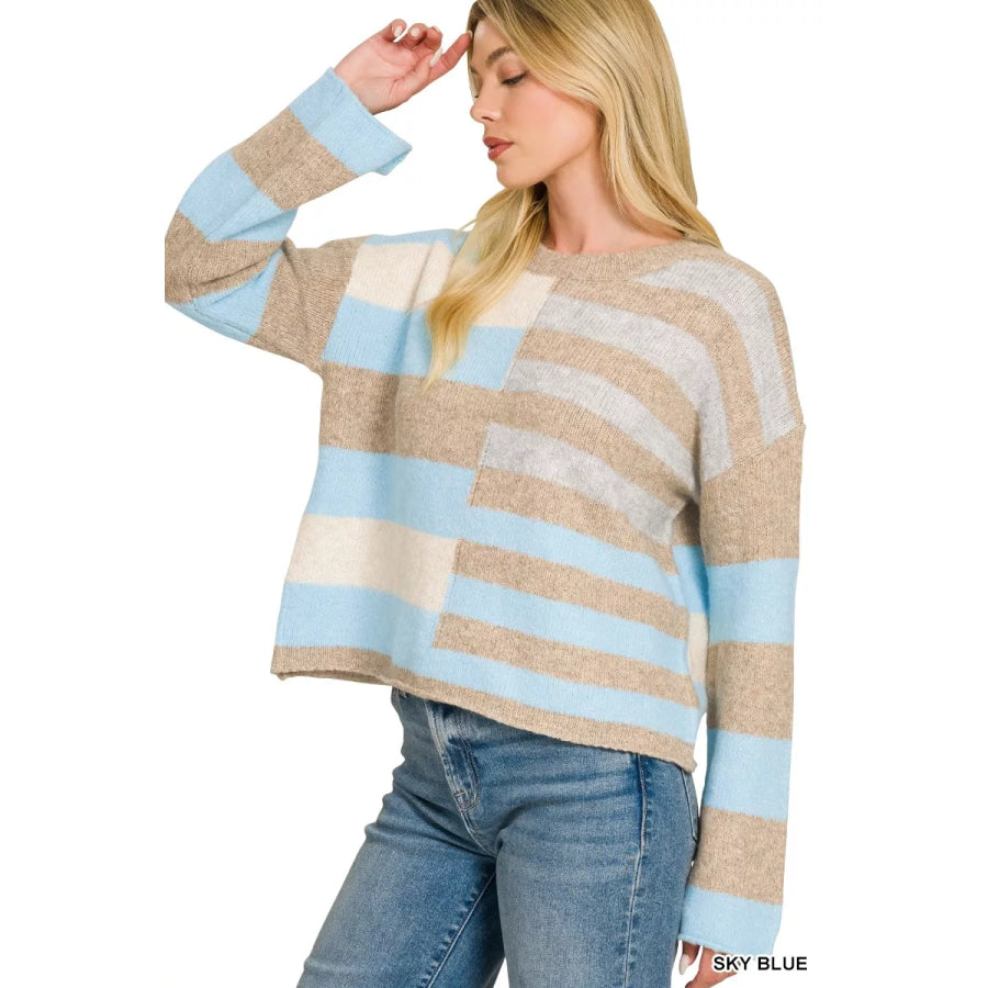 Zenana Lightweight Wool Blend Color Block Sweater Apparel and Accessories