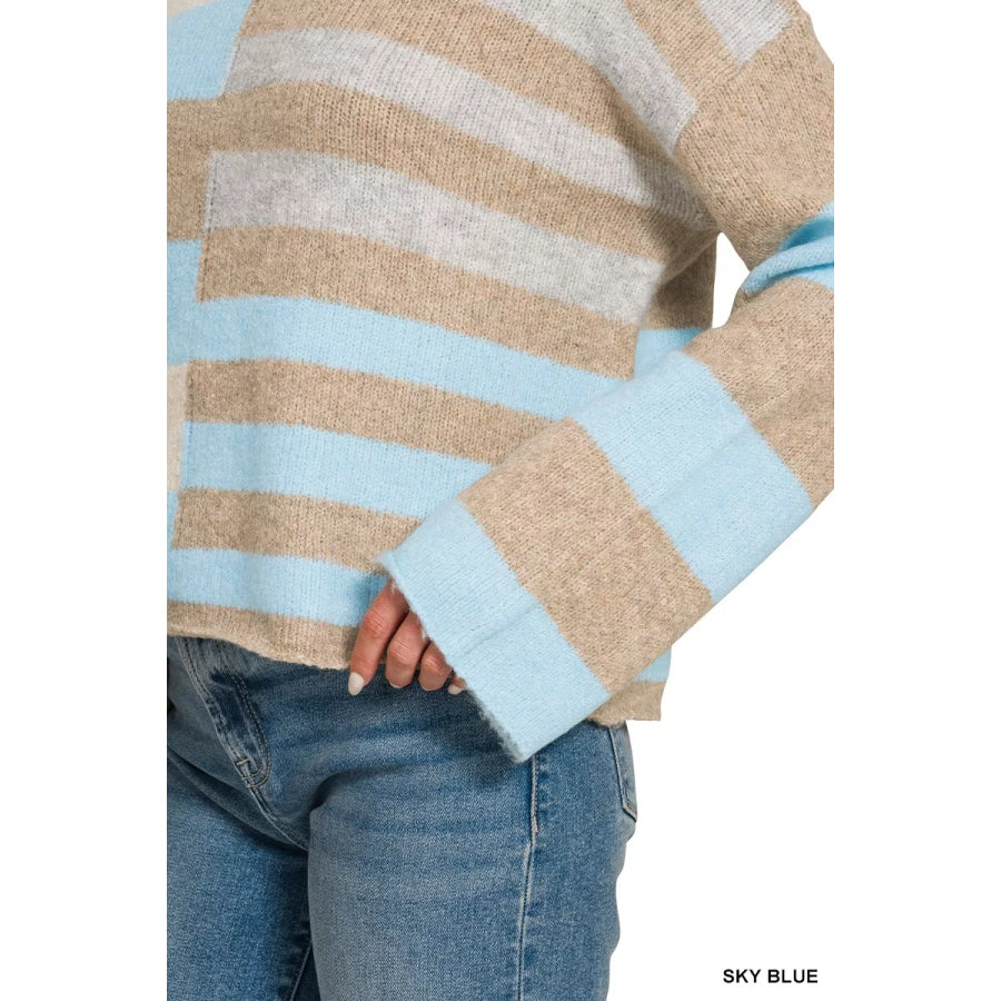 Zenana Lightweight Wool Blend Color Block Sweater Apparel and Accessories