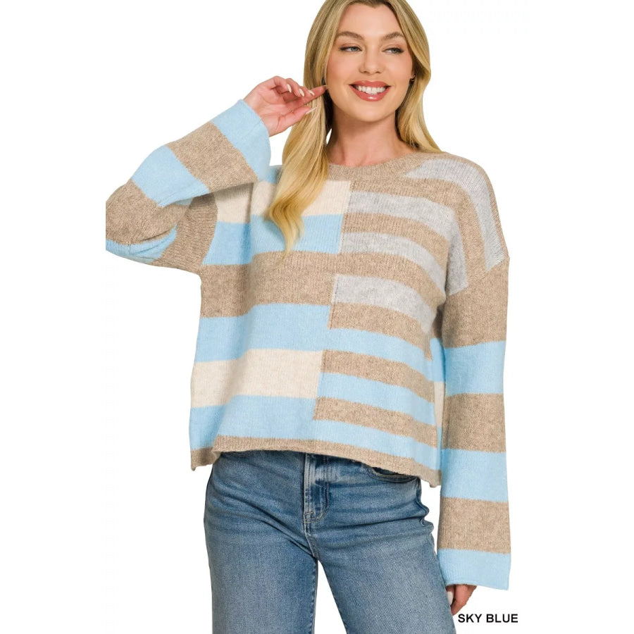 Zenana Lightweight Wool Blend Color Block Sweater Apparel and Accessories