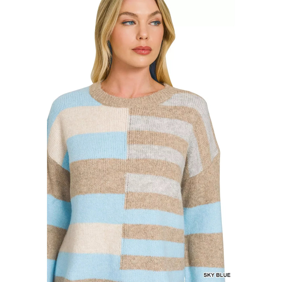 Zenana Lightweight Wool Blend Color Block Sweater Apparel and Accessories