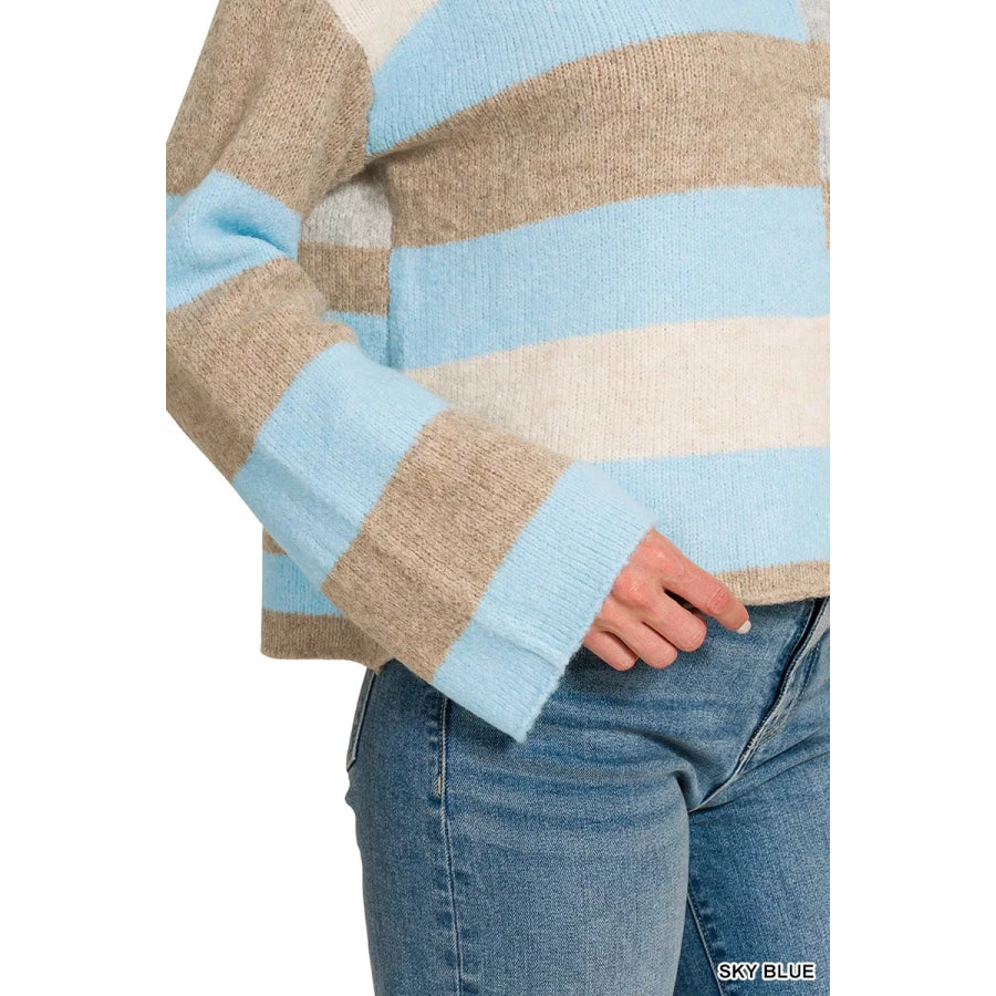 Zenana Lightweight Wool Blend Color Block Sweater Apparel and Accessories