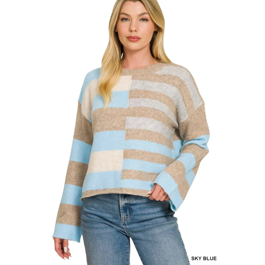 Zenana Lightweight Wool Blend Color Block Sweater SKY BLUE / S Apparel and Accessories